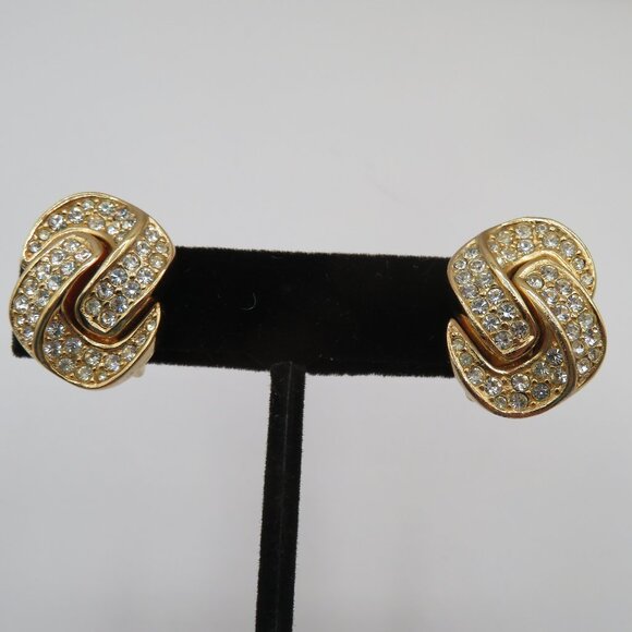 Christian Dior Vintage Crystal Pave Knot Gold Tone Clip On Earrings - Picture 4 of 14